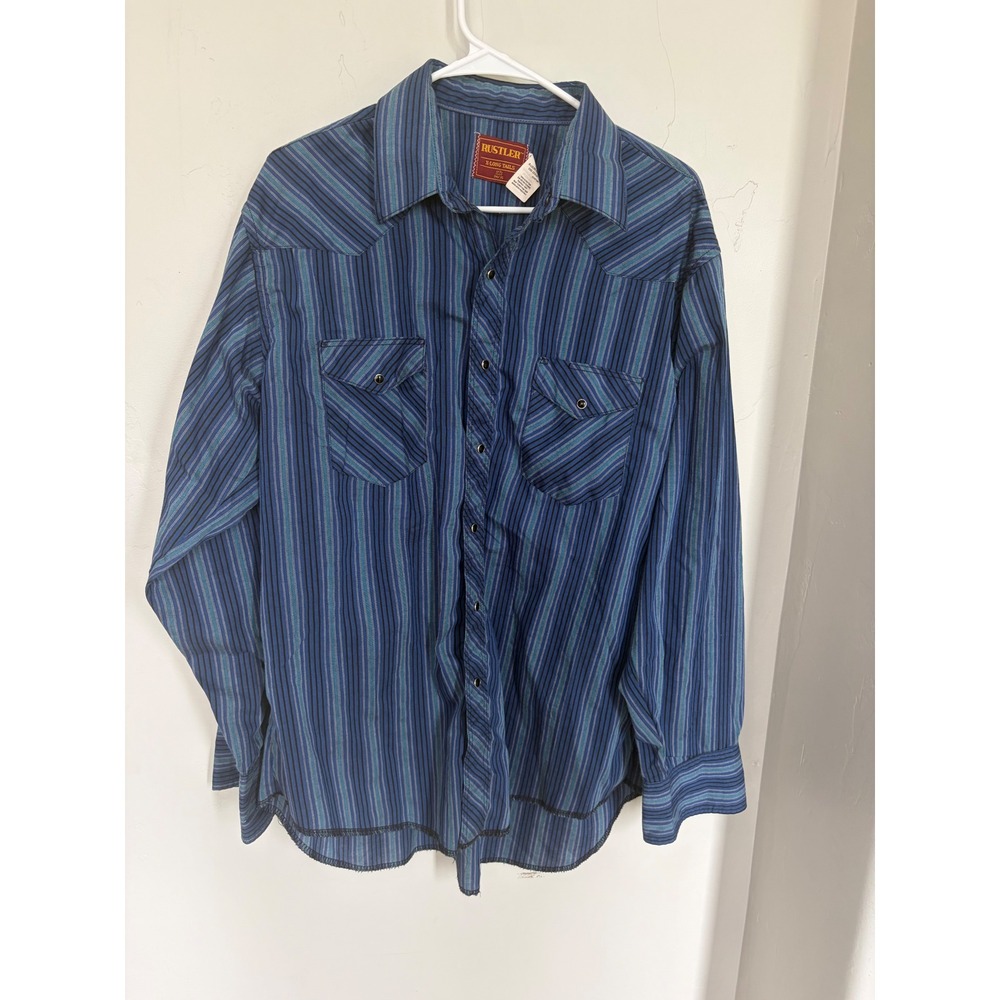 Rustler Mens Blue Striped Pearl Snap Western Shirt X-Long Tails 17.5 x 34/35